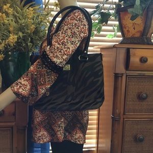 Anne Klein canvas black & tan animal print bag